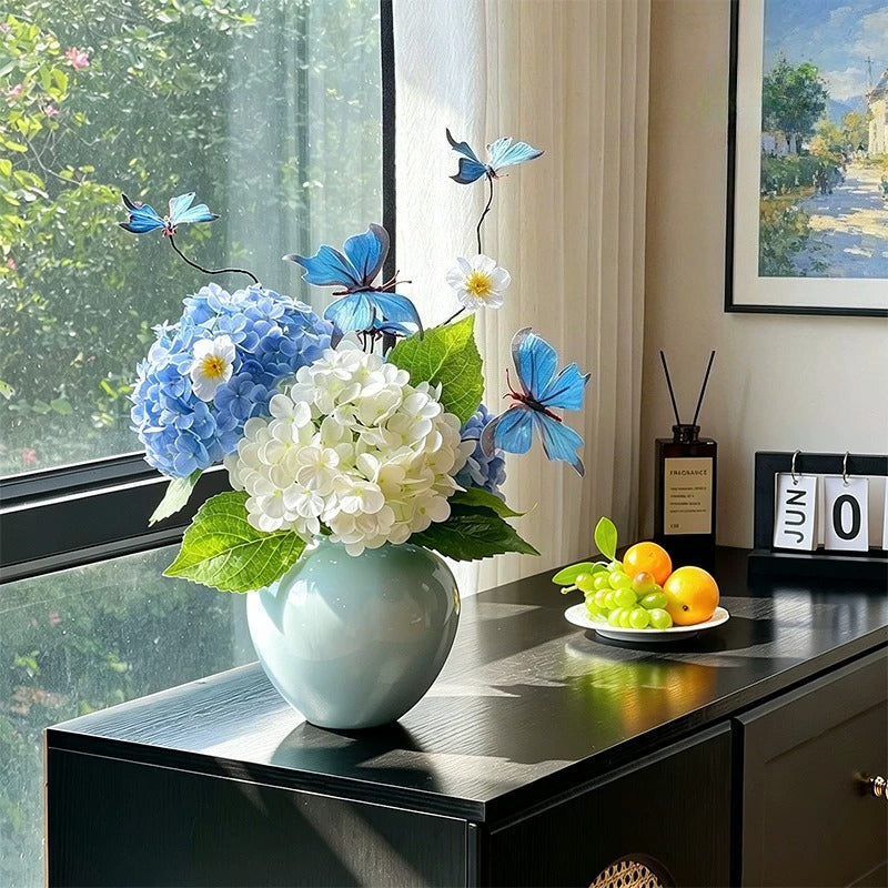 Dreamy Blue Butterfly Hydrangea Artificial Flower Arrangement realistic artificial flower arrangement