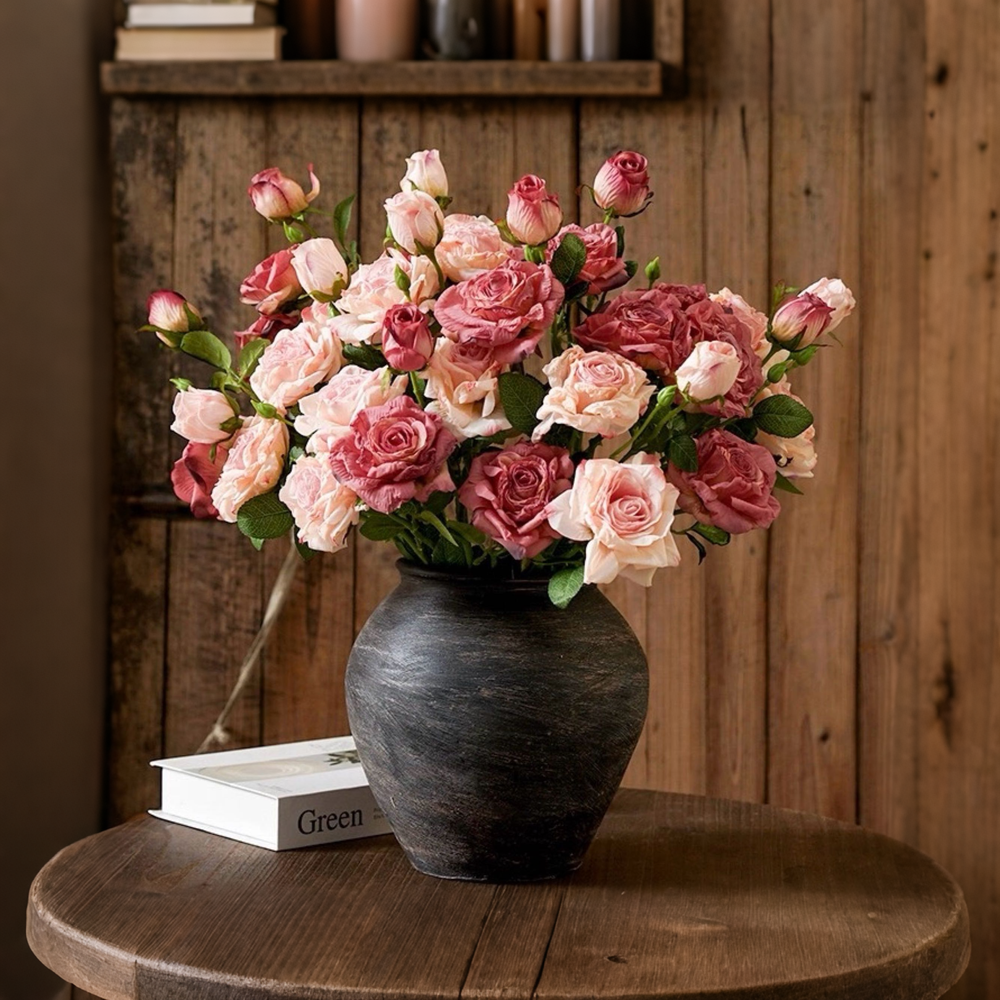 Vintage Mauve & Fuchsia-Edged Rose Bouquet realistic artificial flower arrangement