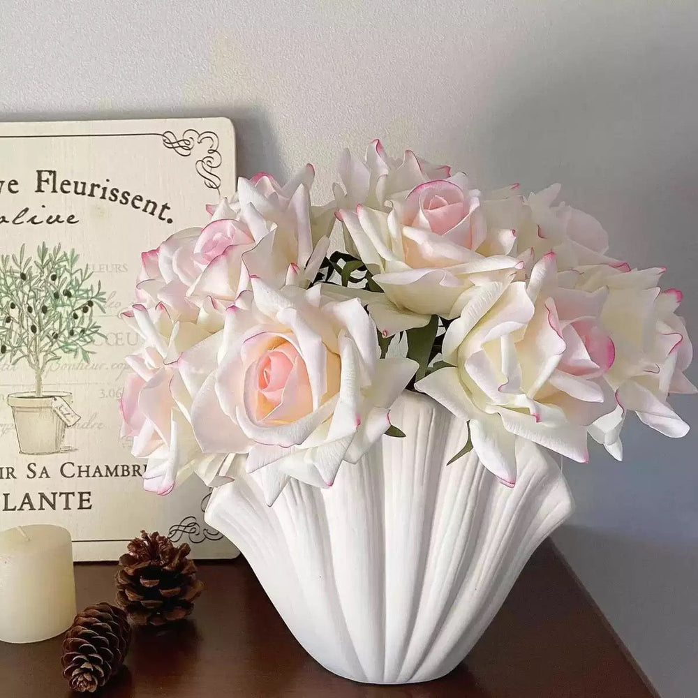 Faux Rose Bouquet - Pink Edged (10 Stems / 10 Roses) realistic artificial flower arrangement