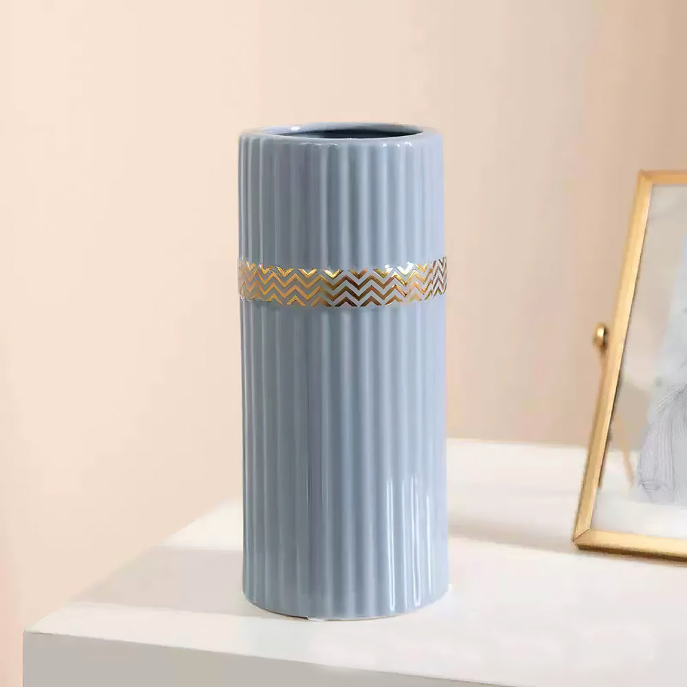 Ribbed Cylinder Vase - Blue decorative vase for artificial flowers