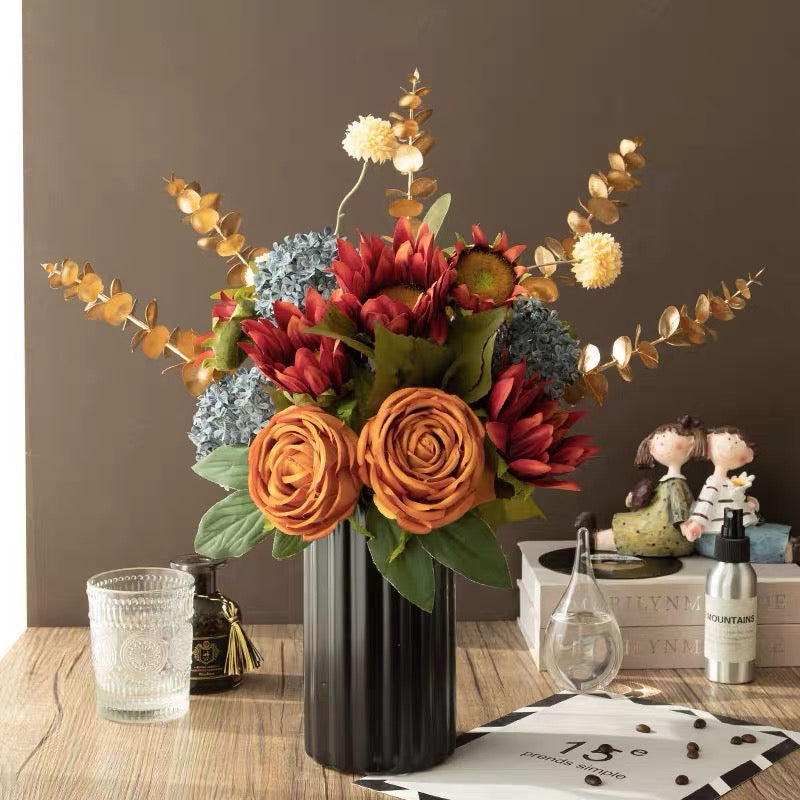 Faux Rose Arrangement - Autumn - Hued Mixed Blooms realistic artificial flower arrangement