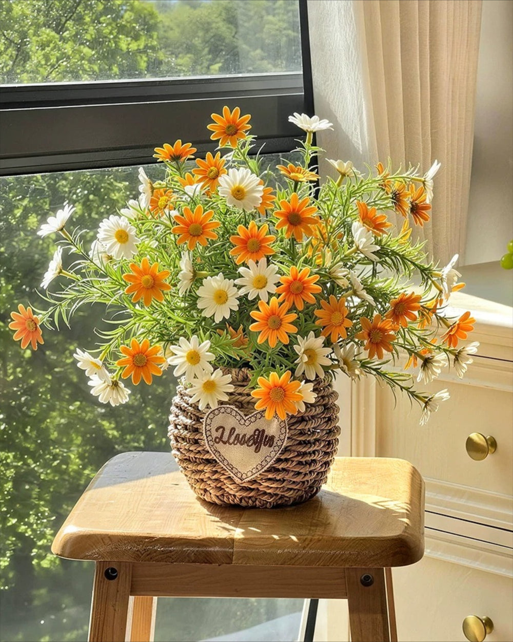 Sunlit Daisy & Chamomile Faux Floral Basket Arrangement realistic artificial flower arrangement