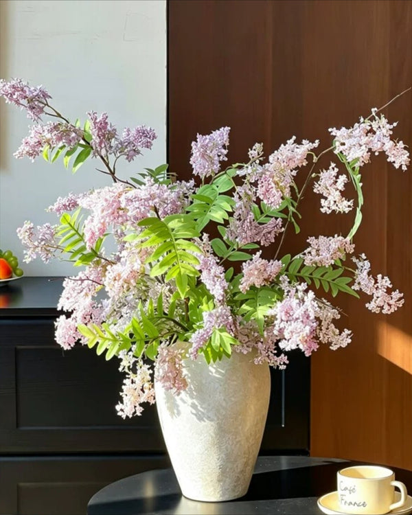 Dusty Lavender Lilac & Fern Artificial Flower Arrangement realistic artificial flower arrangement