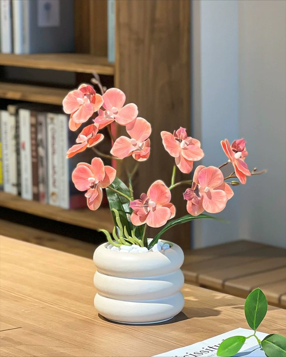 Soft Coral Pink Phalaenopsis Artificial Flower Arrangement realistic artificial flower arrangement