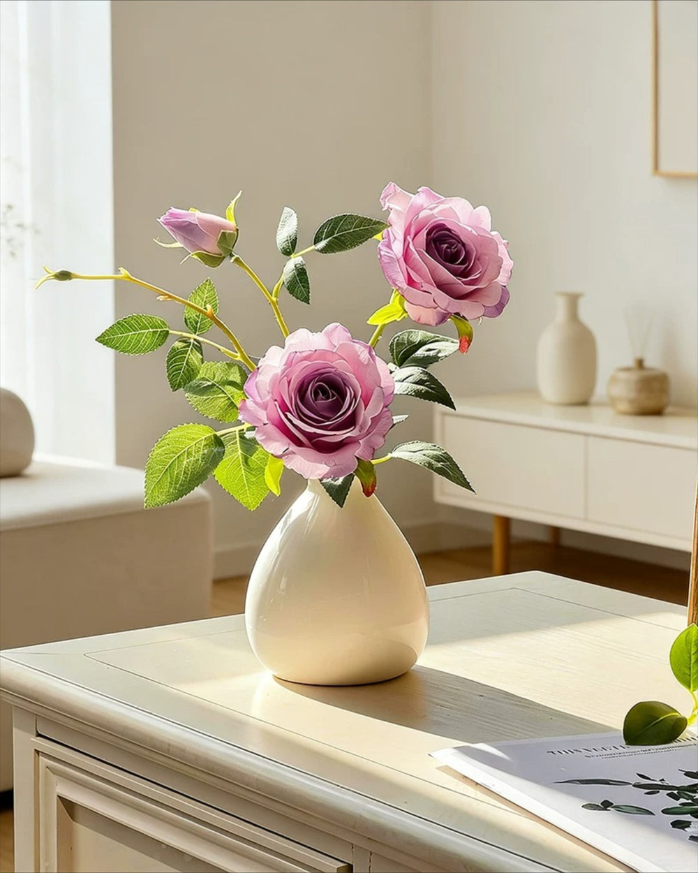 Dusty Lavender Rose Artificial Flower Arrangement with Vase realistic artificial flower arrangement