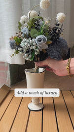 Artificial Flower Arrangement - Blue & White Blooms with Dark Foliage realistic artificial flower arrangement – product view 