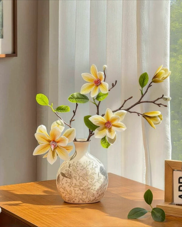 Vintage Yellow Magnolia Artificial Flower Arrangement with Vase realistic artificial flower arrangement