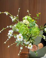 Vintage Fresh Green Hydrangea & White Cosmos Artificial Flower Arrangement realistic artificial flower arrangement – product 