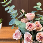 Dusty Rose & Eucalyptus Hug Bucket Artificial Flower Arrangement realistic artificial flower arrangement – product view 4