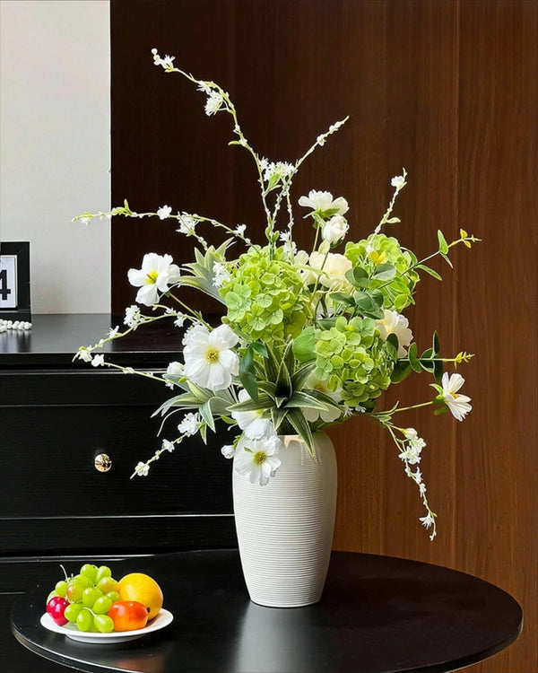 Vintage Fresh Green Hydrangea & White Cosmos Artificial Flower Arrangement realistic artificial flower arrangement
