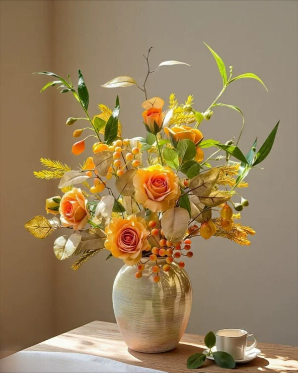 Vintage Autumn Amber Rose & Berry Artificial Flower Arrangement realistic artificial flower arrangement