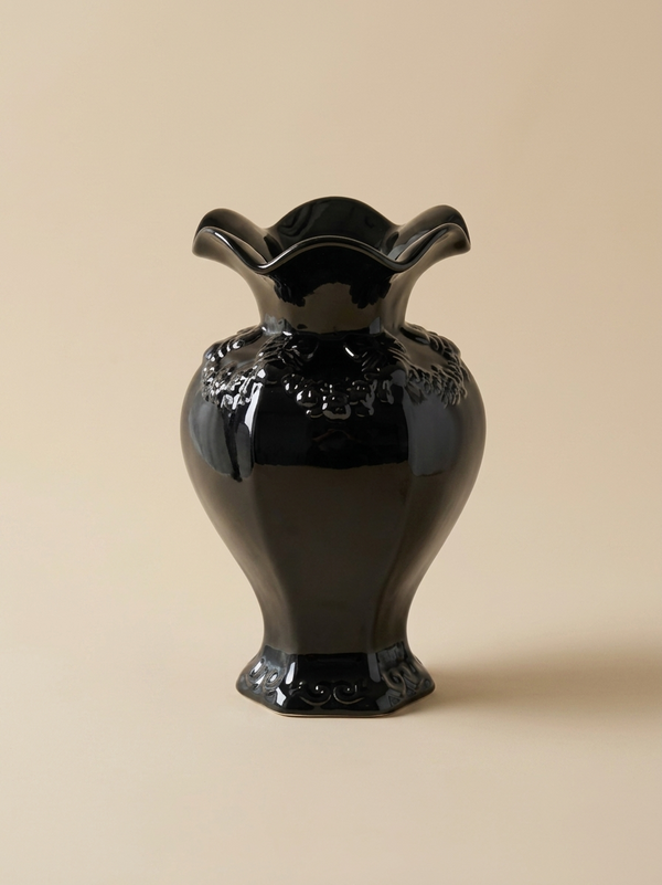 Ruffled Ceramic Vase - Gothic Black decorative vase for artificial flowers