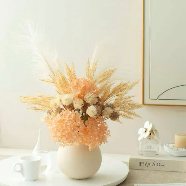 Artificial Flower Arrangement - Peach Hydrangea & Neutral Pampas Grass realistic artificial flower arrangement