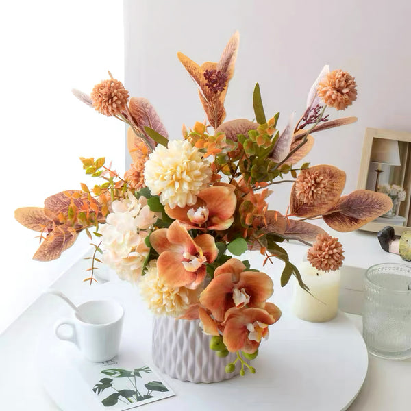 Artificial Flower Arrangement - Terracotta Orchid & Multi-Bloom Mix realistic artificial flower arrangement