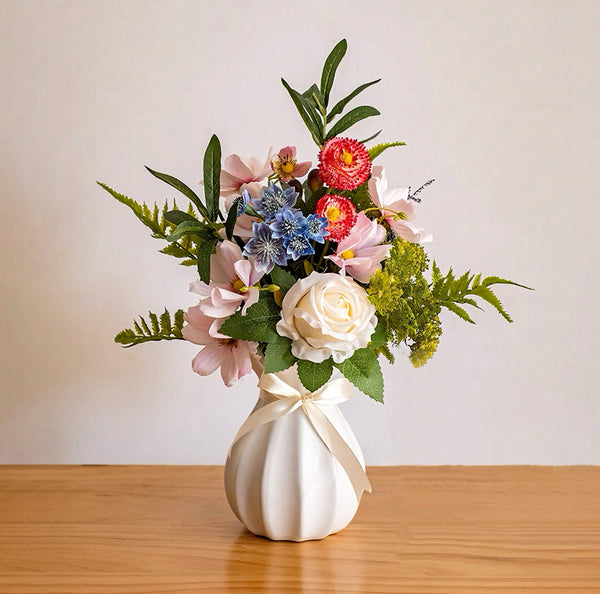 Artificial Flower Arrangement - Multicolor Mixed Blooms with White Rose & Greenery realistic artificial flower arrangement