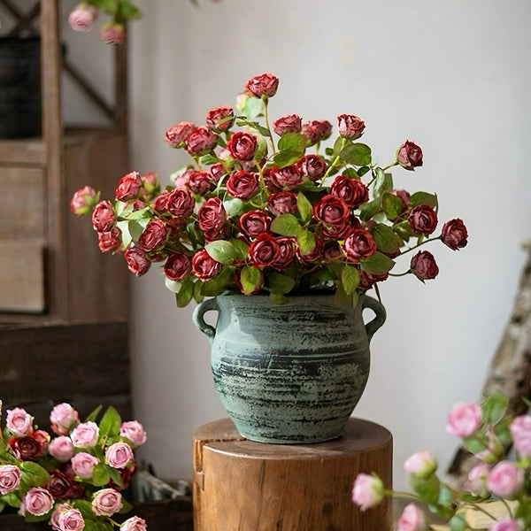 Vintage Crimson Mini Rose Artificial Flower Arrangement with Rustic Elegance realistic artificial flower arrangement