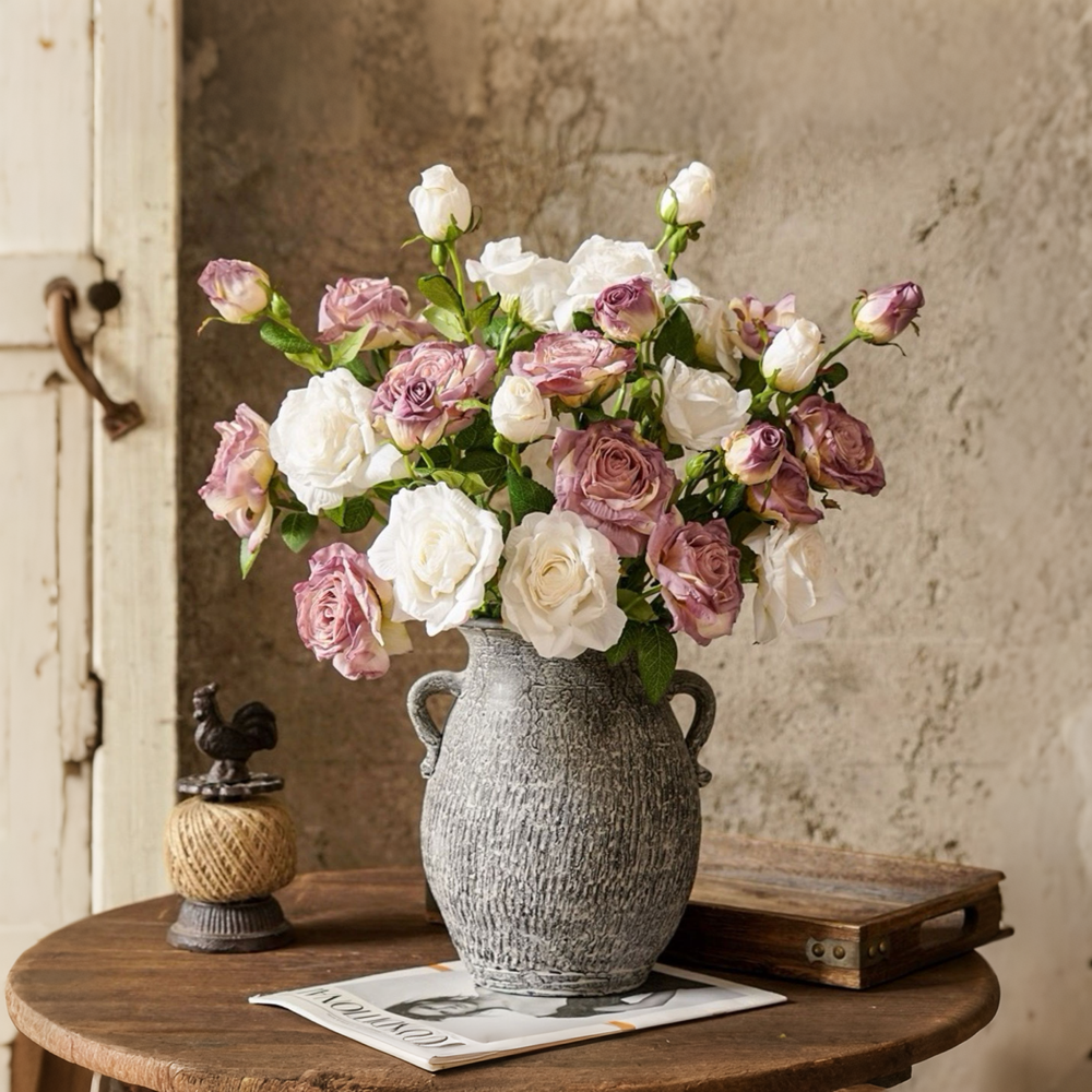Purple and White Faded-Edge Faux Rose Bouquet realistic artificial flower arrangement
