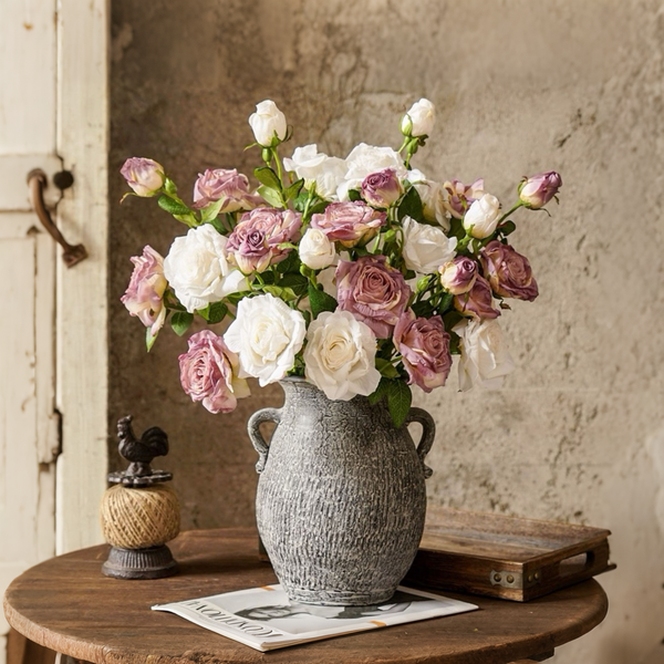 Purple and White Faded-Edge Faux Rose Bouquet realistic artificial flower arrangement