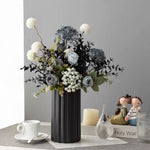 Artificial Flower Arrangement - Blue & White Blooms with Dark Foliage realistic artificial flower arrangement – product view 