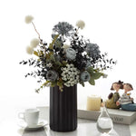 Artificial Flower Arrangement - Blue & White Blooms with Dark Foliage realistic artificial flower arrangement – product view 