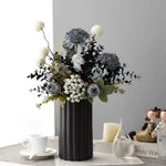 Artificial Flower Arrangement - Blue & White Blooms with Dark Foliage realistic artificial flower arrangement – product view 