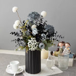 Artificial Flower Arrangement - Blue & White Blooms with Dark Foliage realistic artificial flower arrangement