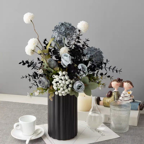 Artificial Flower Arrangement - Blue & White Blooms with Dark Foliage realistic artificial flower arrangement