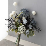 Artificial Flower Arrangement - Blue & White Blooms with Dark Foliage realistic artificial flower arrangement – product view 
