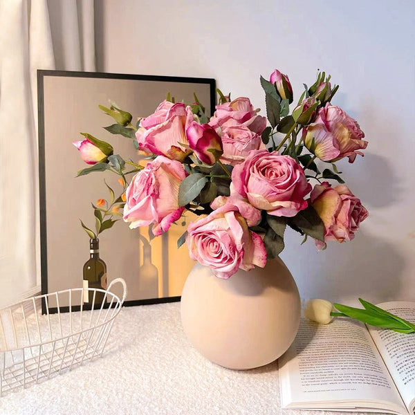 Artificial Flower Arrangement - Pink Rose & Greenery (4 Stems) realistic artificial flower arrangement