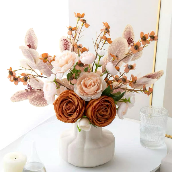 Faux Autumn Arrangement - Apricot Rose realistic artificial flower arrangement