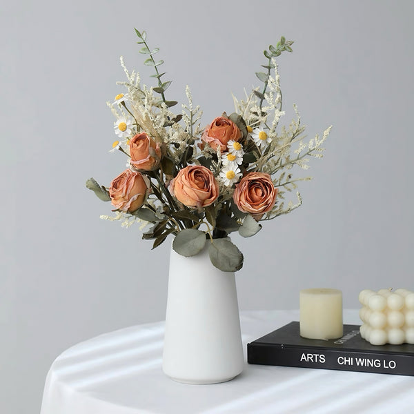 Faux Autumn Rose Bouquet - Terracotta & White realistic artificial flower arrangement