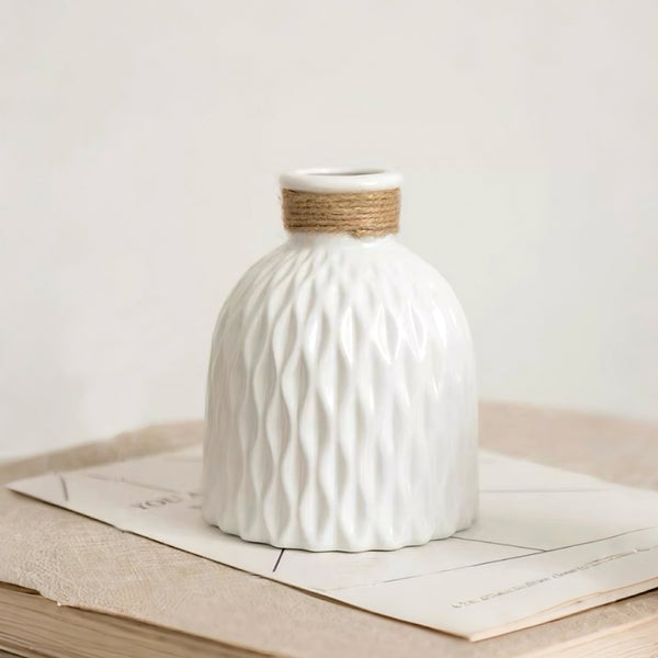 Rope Trimmed Textured Vase - White decorative vase for artificial flowers