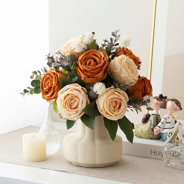 Oil Painting Style Artificial Flower Arrangement - Vintage Caramel & Cream Roses realistic artificial flower arrangement