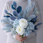 Blue & White Harmony Faux Floral Bouquet with Frosted Foliage realistic artificial flower arrangement – product view 2