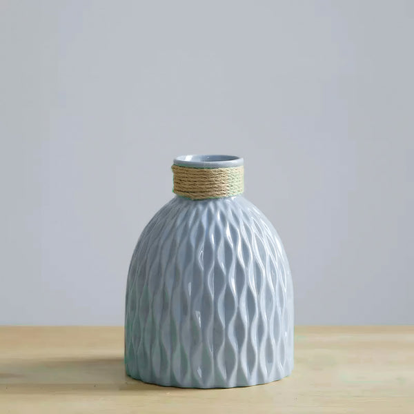 Rope Trimmed Textured Vase - Blue decorative vase for artificial flowers