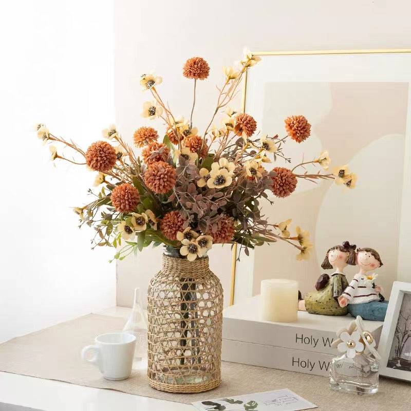 Artificial Flower Arrangement - Orange PomPom & Cream Flower realistic artificial flower arrangement