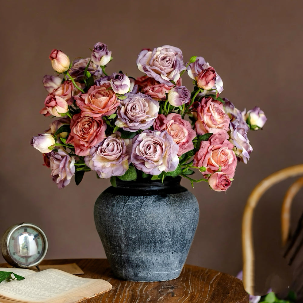 Vintage Hued Pink and Lavender Rose Artificial Flower Arrangement realistic artificial flower arrangement