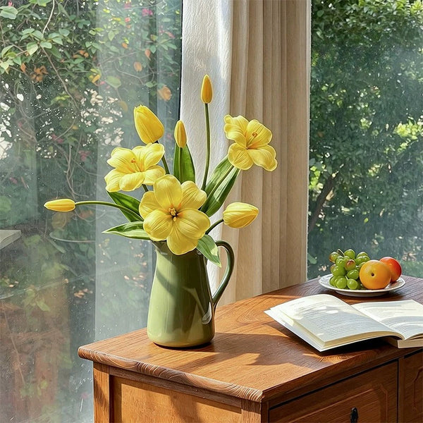 Golden Tulip Artificial Flower Arrangement for Warm Minimalist Living Spaces realistic artificial flower arrangement