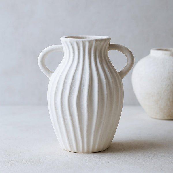 Double Handled Textured Vase - White decorative vase for artificial flowers