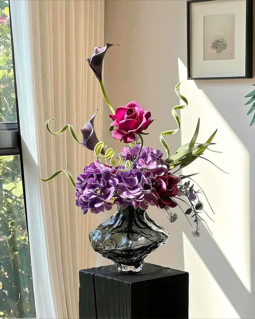 Moody Purple Hydrangea & Rose Artificial Flower Arrangement realistic artificial flower arrangement