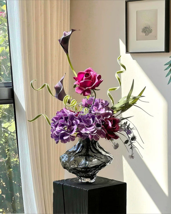 Moody Purple Hydrangea & Rose Artificial Flower Arrangement realistic artificial flower arrangement