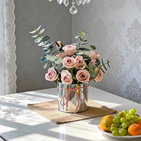 Dusty Rose & Eucalyptus Hug Bucket Artificial Flower Arrangement realistic artificial flower arrangement