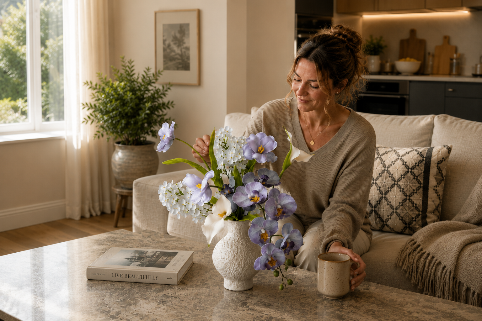 Woman enjoying a Bloomery Gardens floral arrangement at home
