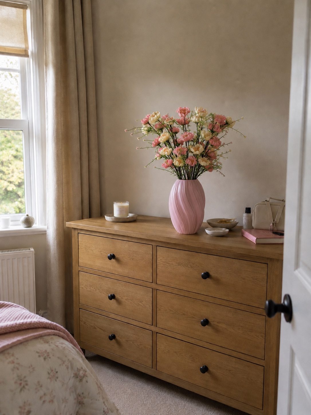 Pastel Yellow & Pink Azalea Artificial Flower Arrangement styled on a bedroom dresser in a British home