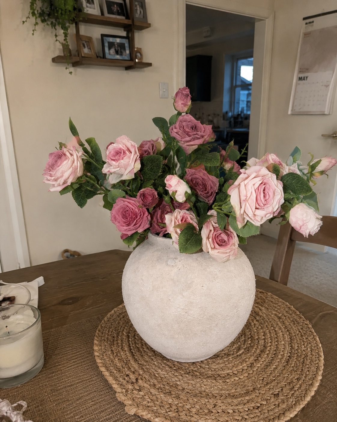 Vintage Mauve & Fuchsia-Edged Rose Bouquet styled on a dining table in a British home