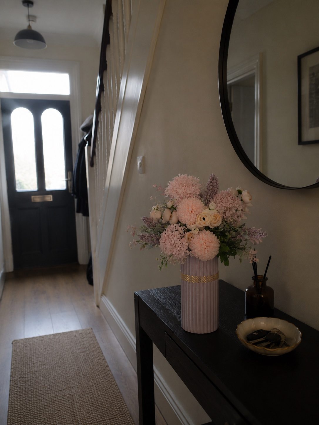 Artificial Flower Arrangement - Pink & Purple Mixed Blooms styled on a entrance hall console in a British home