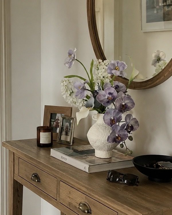Ethereal Lilac Poem Bridal & Home Artificial Flower Arrangement styled on a hallway console in a British home