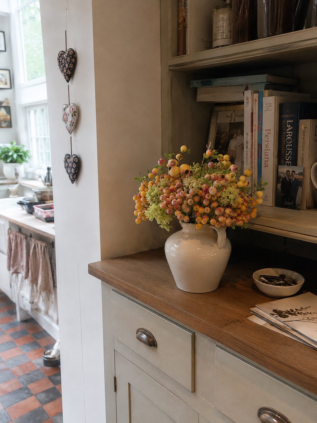 Elegant Orange-Toned Faux Blueberry & Berry Branch Arrangement styled on a kitchen sideboard in a British home