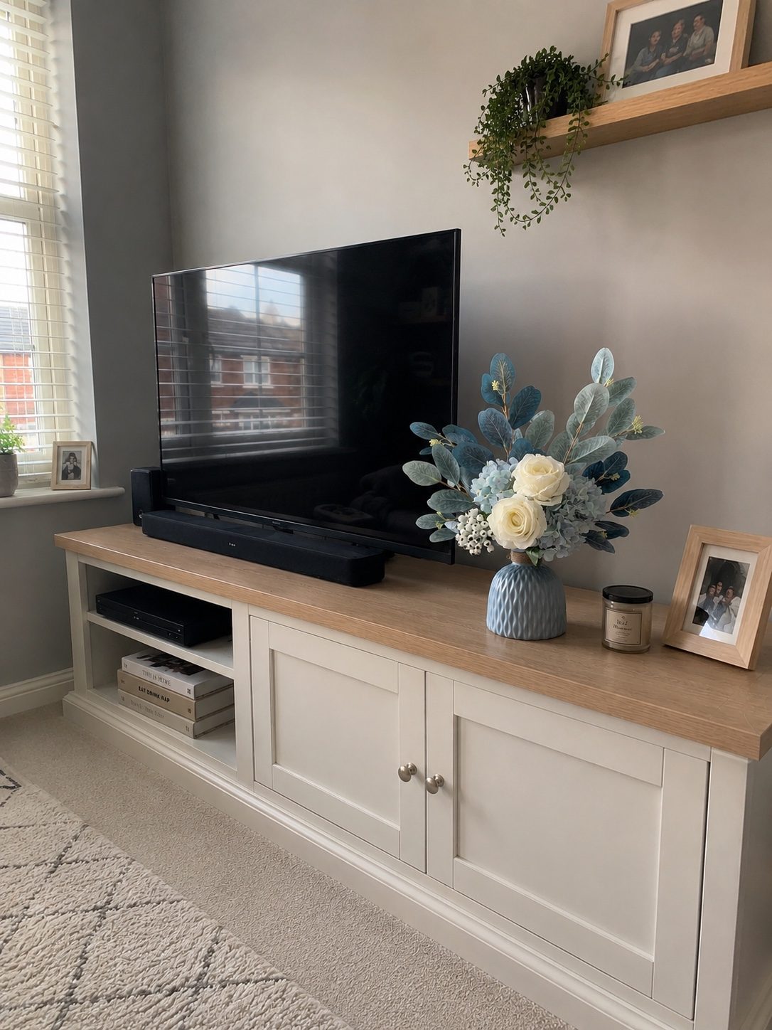 Blue & White Harmony Faux Floral Bouquet with Frosted Foliage styled on a living room media unit in a British home